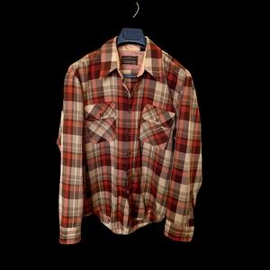 Vintage Sears Perma-Prest Men Brown Plaid Flannel Shirt L Acrylic 70s Korea